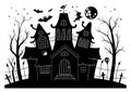 Vector haunted house black and white illustration. Halloween background with silhouette of spooky cottage with big moon, ghosts, Royalty Free Stock Photo