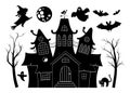 Vector haunted house black and white illustration set. Halloween silhouette elements of spooky cottage, big moon, ghost, bats,