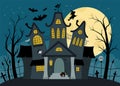 Vector haunted house illustration. Halloween background. Spooky cottage scene with big moon, ghosts, bats, cemetery on dark blue