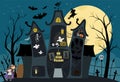 Vector haunted house interior illustration. Halloween background. Spooky cottage scene with big moon, ghosts, bats, children on Royalty Free Stock Photo