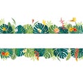 Vector Hawaiian Polynesian Summer beautiful jungle exotic leaves banner with copy space. Botanical summer hibiscus, heliconia,