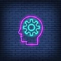 Vector head with gear, brain process, knowledge, think, idea neon sign. Royalty Free Stock Photo