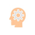 Vector head with gear, brain process, knowledge, think, idea white line icon. Royalty Free Stock Photo