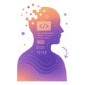 Vector head silhouette filled with digital symbols, pixels, binary code and blocks. The top of the head dissolves into squares Royalty Free Stock Photo