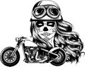 vector of monochrome head woman sugar skull with motobike