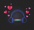 Vector headphones with a glowing rainbow music sound and hearts isolated on dark transparent background, neon light. Royalty Free Stock Photo