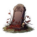 vector headstone with skeleton head. tombstone in cemetry. ancient tombstone with trees vector illustration on white