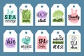 Vector health and beauty care labels. Spa, yoga centers tags. Wellness labels. Hand drawn stickers and elements set.