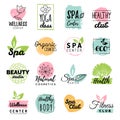 Vector health and beauty care logtypes. Spa,yoga centers badges. Wellness signs. Hand drawn tags and elements set. Royalty Free Stock Photo