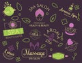 Vector health and beauty care spa badge hand drawn tags and elements set for organic cosmetics, natural products.