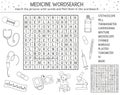 Vector health care outline wordsearch puzzle with pictures. Medicine quiz for children. Educational coloring page or crossword