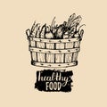 Vector healthy food logo. Farm eco products illustration. Hand sketched basket with greens. Rural harvest poster.