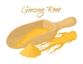 Vector healthy plant - ginseng, natural root with powder in wooden spool