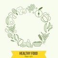 Vector healthy rich fiber foods line icons wreath