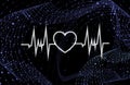 Vector Heart Beat Neon Glowing Icon on the Dark Blue Background with Grid Swirls, Technology Backdrop Template. Royalty Free Stock Photo