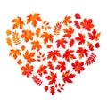 Vector heart made of autumn leaves on white background in grunge style Royalty Free Stock Photo