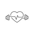 Vector heart outline, dumbbells and a cardiogram. Icon symbolizing health sport. Lifestyle. Line art