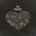 Vector heart shape with music instruments icon set. I love music - thin line illustration. Sound silhouette isolated. Outline pict Royalty Free Stock Photo