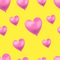 Vector Heart Shaped Bright Pink Balloons on Yellow Background, Seamless Pattern Template. Royalty Free Stock Photo
