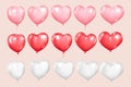 Vector heart shaped glossy balloons isolated set. Red, pink and white decoration element for Valentine\'s Day