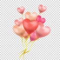 Vector Heart Shaped Red Baloons Group Isolated on Light Transparent Background, Valentines Day Celebration, Wedding Gift.