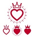 Vector heart shaped stamps or stickers set isolated over white, classical badges or icons, logotypes design in old retro style,