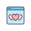 Vector hearts in browser, favorite website, positive feedback color line icon.