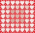 Vector hearts with different universal patterns in bright radial red, gray background. Holiday decorations