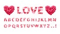 Vector Hearts Font Isolated on White Background, 3D Heart Shaped Balloons and Doodle Hand Drawn Type Set, Bright Red Color. Royalty Free Stock Photo