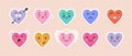 Vector hearts stickers with different face emotions. Cute cartoon characters for valentines day