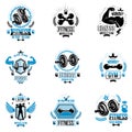 Vector heavy load power lifting theme logotypes and advertising flyers collection created with dumbbells, disc weights sport