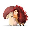 Vector hedgehog.Cute hedgehog hugs a big white mushroom. Hedgehogs vector illustration. Cartoon characters