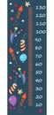 Vector height gauge for children. Cartoon fireworks, baloons, co