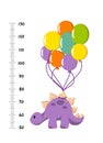 Vector height wall chart decorated with cartoon dinosaur - stegosaurus with balloons - and numbers. Illustration in flat style for Royalty Free Stock Photo