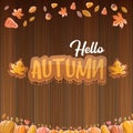 Vector hello autumn banner or label with text and falling autumn leaves on wooden background. Cartoon hello autumn Royalty Free Stock Photo