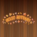 Vector hello autumn banner or label with text and falling autumn leaves on wooden background. Cartoon hello autumn Royalty Free Stock Photo