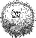 Vector hello easter wreath illustration. black and white easter clipart with easter bunny, eggs, flowers, leaves, branches.