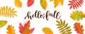 Vector Hello Fall Sale horizontal promotion banner. Bright warm colors design template. Vivid colorful autumn leaves with shadows Royalty Free Stock Photo