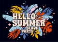 Vector Hello Summer Beach Party funky greeting card. Bright subdued colors in retro 90s style. Summer time tropic leaves