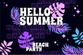 Vector Hello Summer Beach Party greeting card. Bright electric colors y2k style. Summertime palm tree leaves background. Exotic Royalty Free Stock Photo