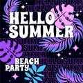 Vector Hello Summer Beach Party greeting card. Bright electric colors y2k style. Summertime palmtree leaves background. Social Royalty Free Stock Photo