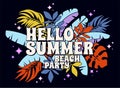 Vector Hello Summer Beach Party greeting card. Bright neon electric colors y2k style. Summertime palmtree leaves background. Royalty Free Stock Photo