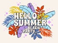 Vector Hello Summer Beach Party greeting card. Retro subdued colors. . Summertime banana leaves background. Royalty Free Stock Photo