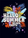 Vector Hello Summer Beach Party greeting card. Bright neon electric colors y2k style. Summertime palmtree leaves background. Royalty Free Stock Photo