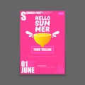 Vector Hello Summer Beach Party vertical A4 poster Design template or mock up with fresh lemon on pink background with Royalty Free Stock Photo