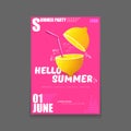 Vector Hello Summer Beach Party vertical A4 poster Design template or mock up with fresh lemon on pink background with Royalty Free Stock Photo