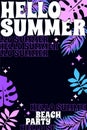 Vector Hello Summer brochure cover. Bright bold electric colorful y2k style. Summertime rave Beach Party background. Vaporwave
