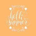 Vector Hello Summer hand lettering for greeting or invitation card.Calligraphy on apricot background. ypographic poster.