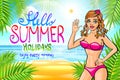 Vector Hello summer lettering and Woman on of the Sea Beach and Takes Sunbath. Bikini gir. pinup vintage poster Royalty Free Stock Photo
