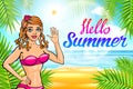 Vector Hello summer lettering and Woman on of the Sea Beach and Takes Sunbath. Bikini gir. pinup vintage poster Royalty Free Stock Photo